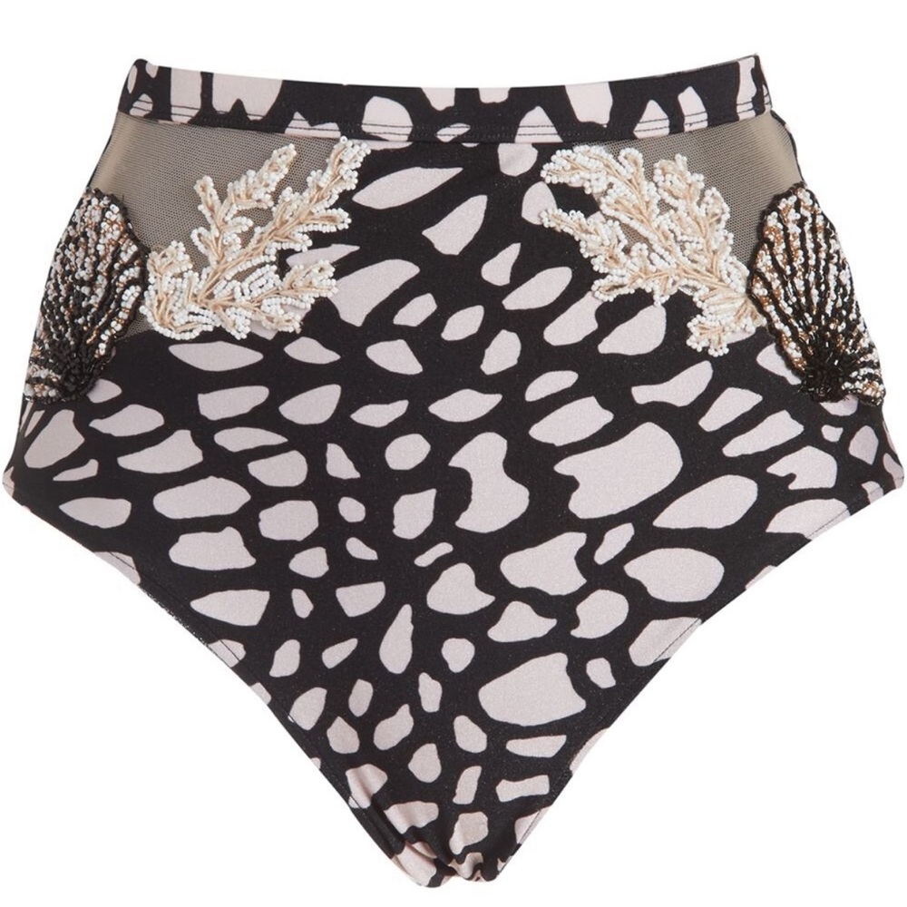 PatBo-Spotted Ruffle top & Hand-Beaded Bikini Bottom. In black/cream, Size S/P.